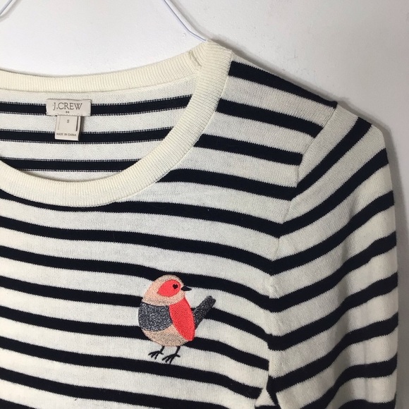 J Crew sweater women small stripe embroidered bird - Picture 2 of 10